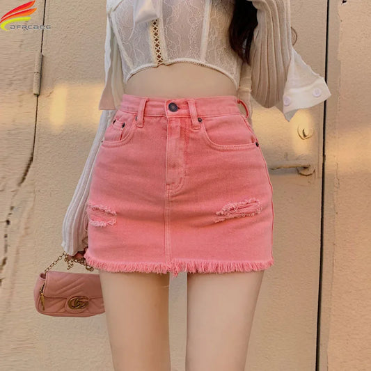 DFRCAEG 2022 Summer Pink Denim Skirt Women High Waist Mini Jeans With Lining Korean Style A Line Hole Tassel New Sexy Jupe Femme