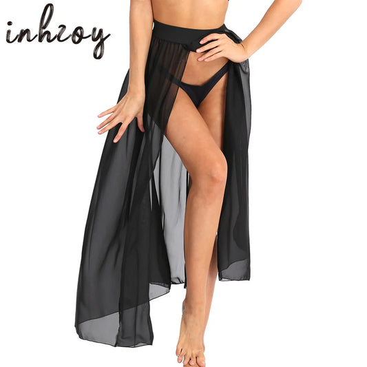Women Maxi Skirt Long Split Chiffon Beach Flowy Bikini Cover Up See Through Skirt